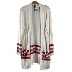 Torrid Red Stripes Open Front Knit Cardigan Size 2X Cream Ribbed Pocket Varsity